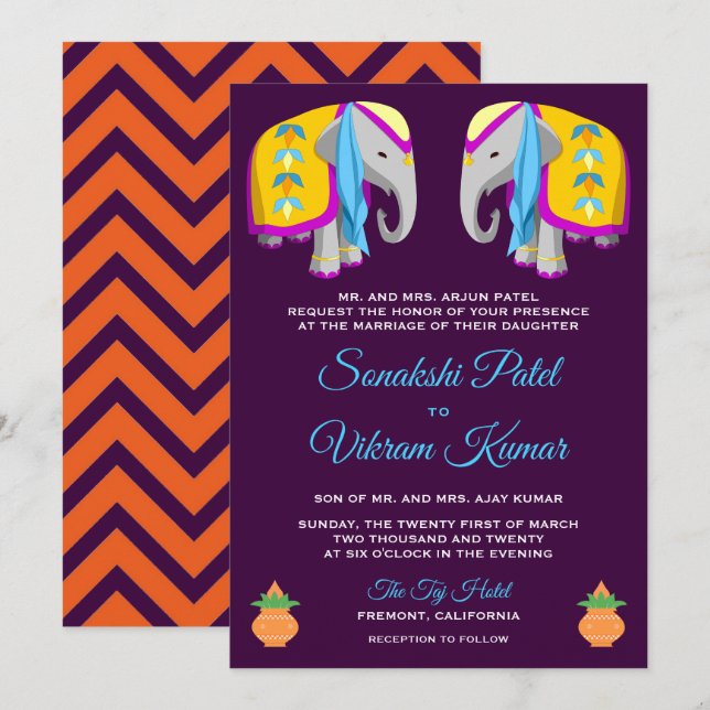 Invitación a la boda india para elefante de arte p (Anverso / Reverso)