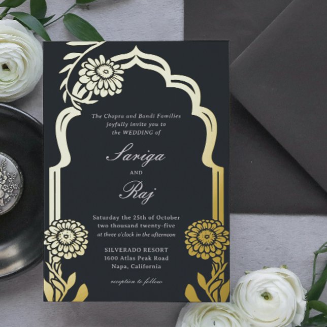 Invitación a la boda india por el oro marino (indian wedding invitation, hindu wedding invitation, gold foil marigold floral mundap canopy arch)