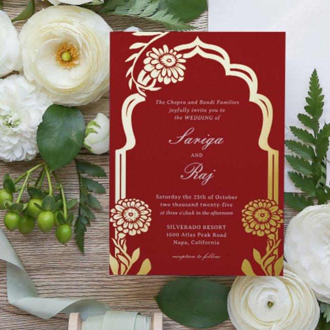 Invitación a la boda india por el oro marino (indian wedding invitation, hindu wedding invitation red marigold floral gold foil mundap arch invite)