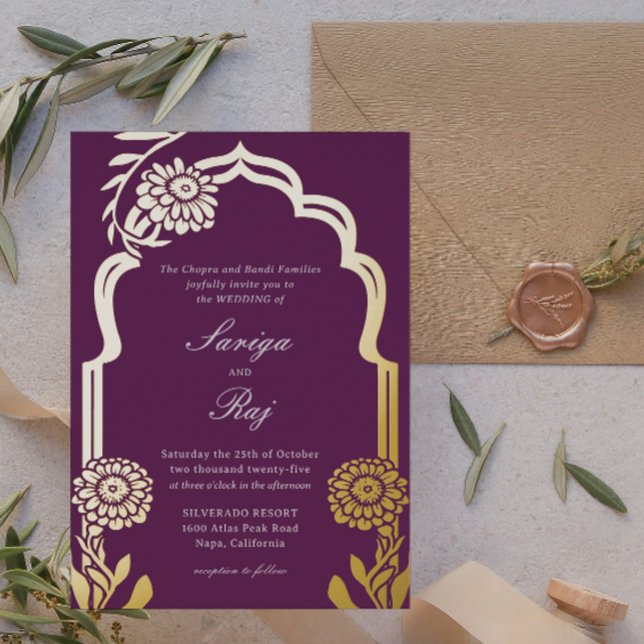 Invitación a la boda india por el oro marino (hindu wedding invitation, indian wedding invitation, gold foil marigold flower mundap purple invite)