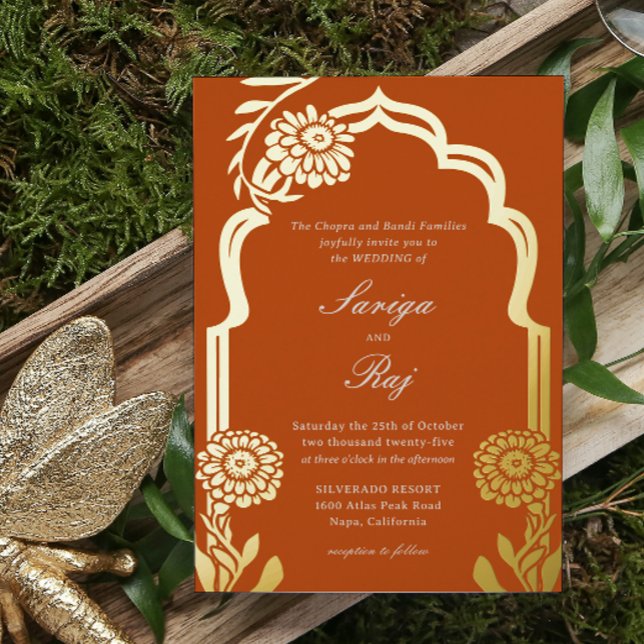 Invitación a la boda india por el oro marino (indian wedding invitation, hindu wedding invitation, gold foil orange marigold flower mundap arch)