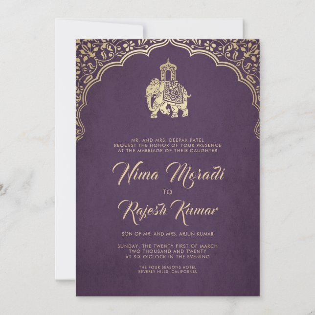 Invitación a la boda india, púrpura, oro, ganesha (Anverso)