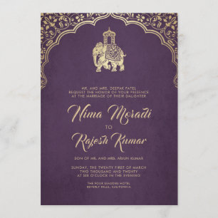 Invitación a la boda india, púrpura, oro, ganesha