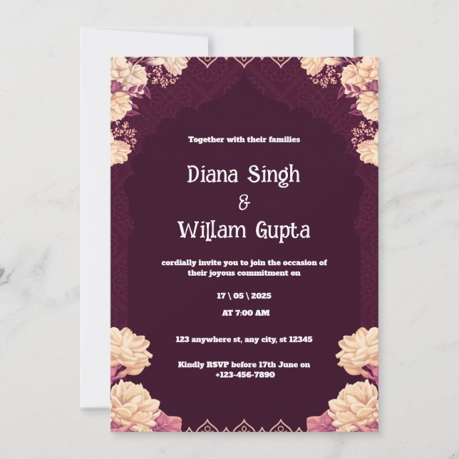 Invitación a la boda india púrpura y crema (Anverso)
