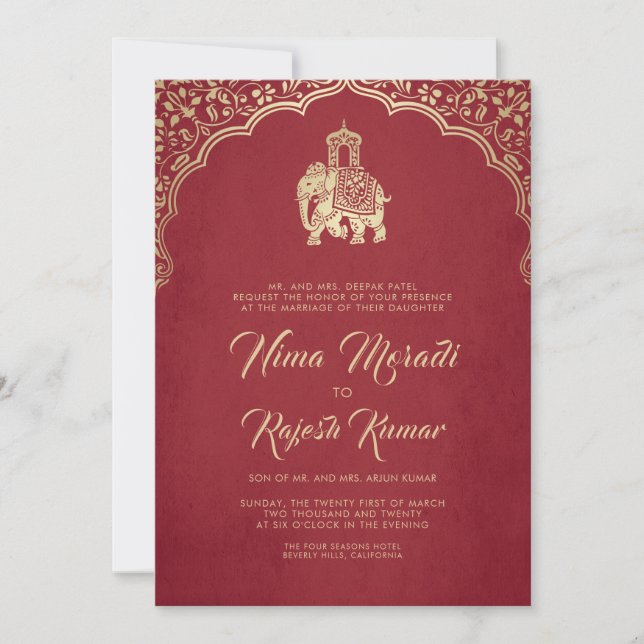 Invitación a la boda india, rojo, oro, ganesha (Anverso)