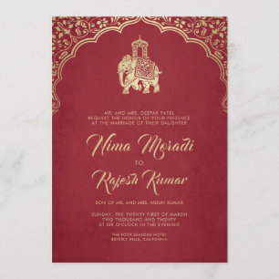 Invitación a la boda india, rojo, oro, ganesha