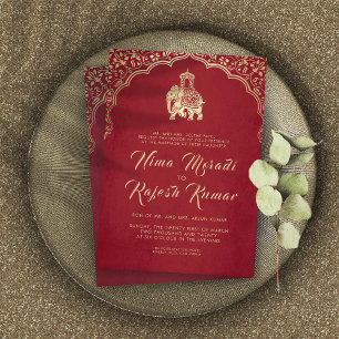 Invitación a la boda india, rojo, oro, ganesha inv