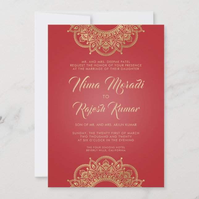 Invitación a la boda india, rojo, oro, Mandala (Anverso)