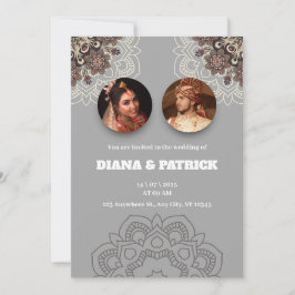 Invitación a la boda india tradicional en gris