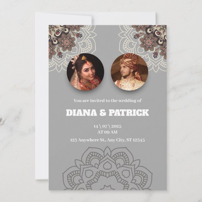 Invitación a la boda india tradicional en gris (Anverso)