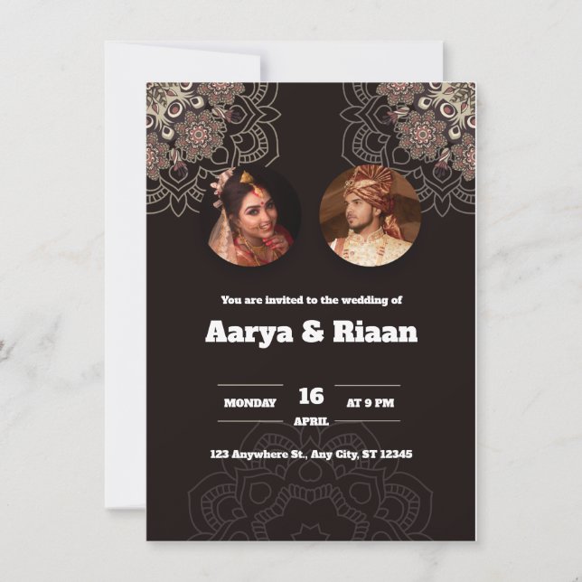 Invitación a la boda india tradicional en negro (Anverso)