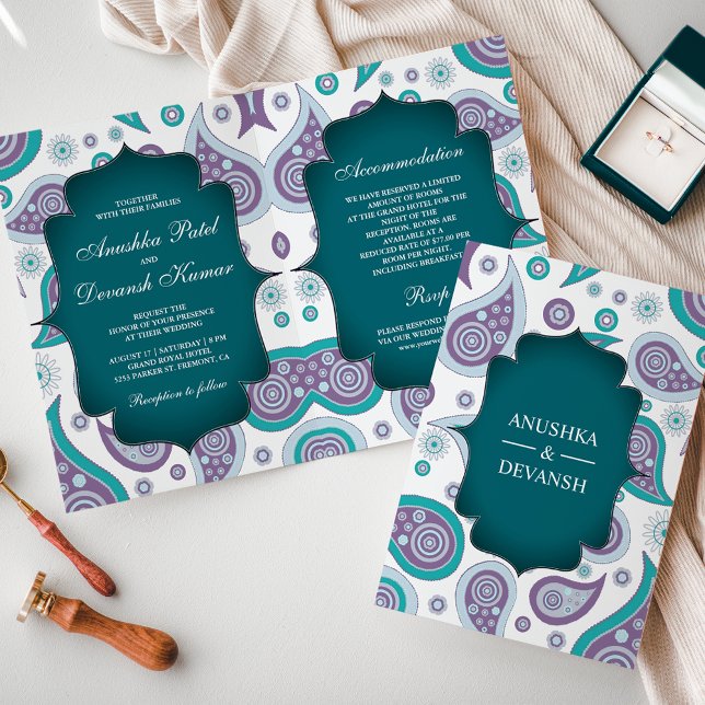 Invitación a la boda india Verde azulada y púrpura (Subido por el creador)