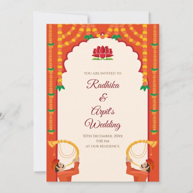 Invitación a la boda india y tarjeta de Boda hindú (Anverso)