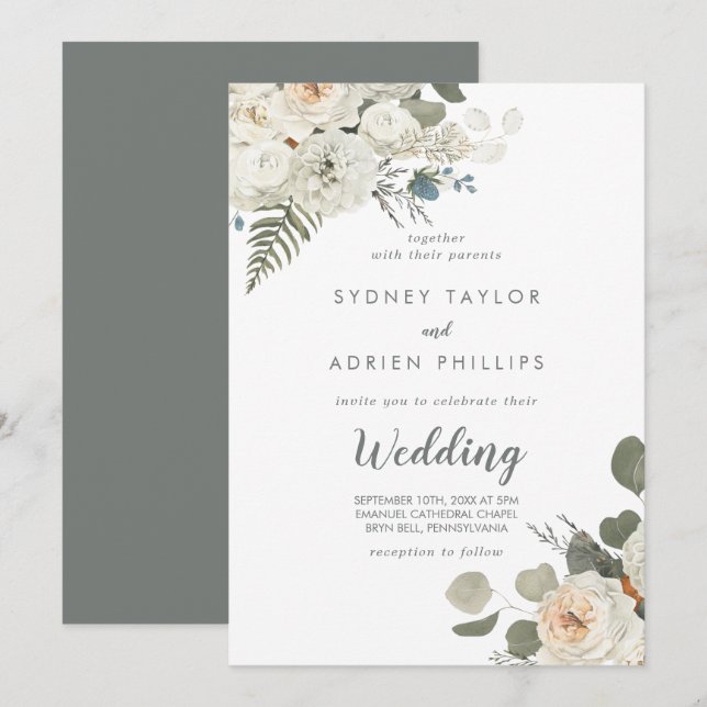 Invitación a la boda informal floral de invierno (Anverso / Reverso)