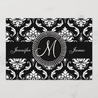 Invitación a la boda inicial de Damasco blanco neg