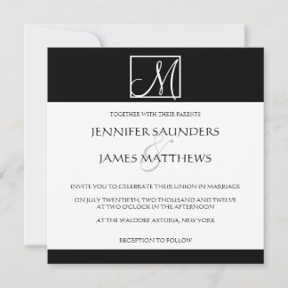 Invitación a la boda inicial en un monograma negro
