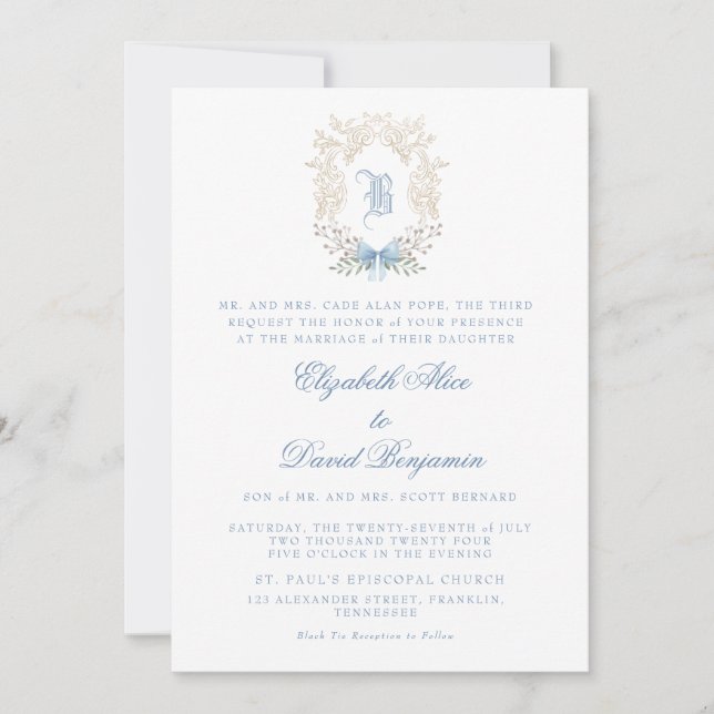 Invitación a la boda inicial escudo azul (Anverso)