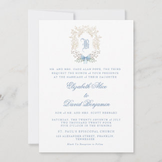 Invitación a la boda inicial escudo azul