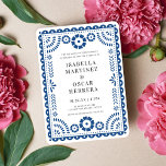 Invitación a la boda inspirada en el Picado del Pa<br><div class="desc">Este hermoso diseño de invitación a la boda inspirado en el papel picado presenta un marco ornamentado de color azul vivo, un fondo blanco clásico y una tipografía moderna. Este elegante y moderno diseño es una fabulosa elección para una boda de boda o destino en México. Puede personalizar de este...</div>