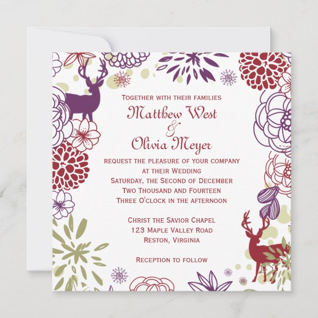 Invitación a la boda invernal de renos florales (Anverso)