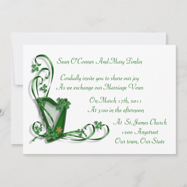 Invitación a la boda irlandesa Harp shamrock and r (Anverso)