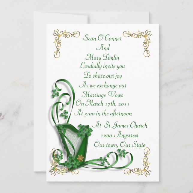 Invitación a la boda irlandesa Harp shamrock and r (Anverso)
