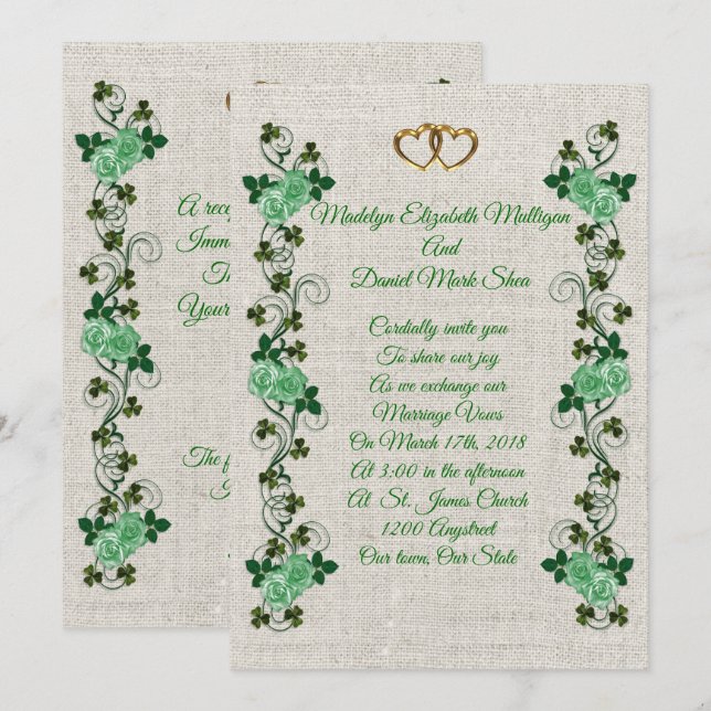 Invitación a la boda irlandesa, shamrock y rosas v (Anverso / Reverso)