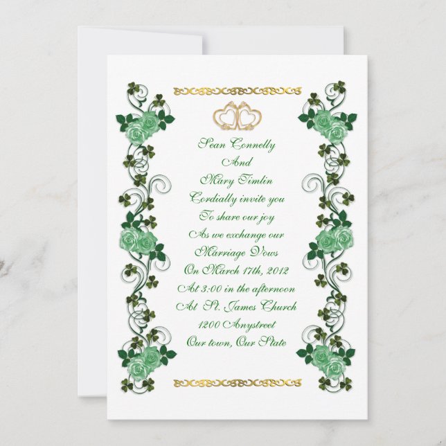Invitación a la boda irlandesa, shamrock y rosas v (Anverso)