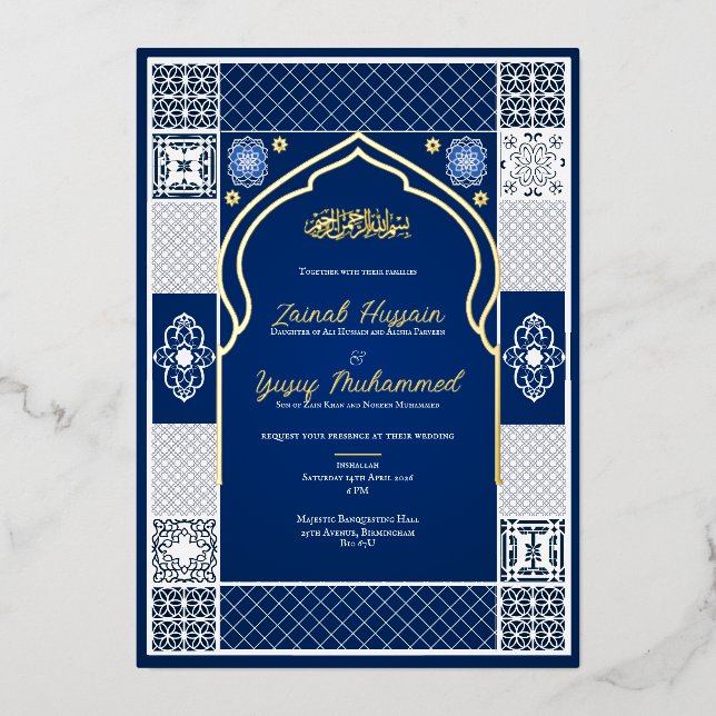 Invitación a la boda islámica árabe-negra azul osc (Anverso)