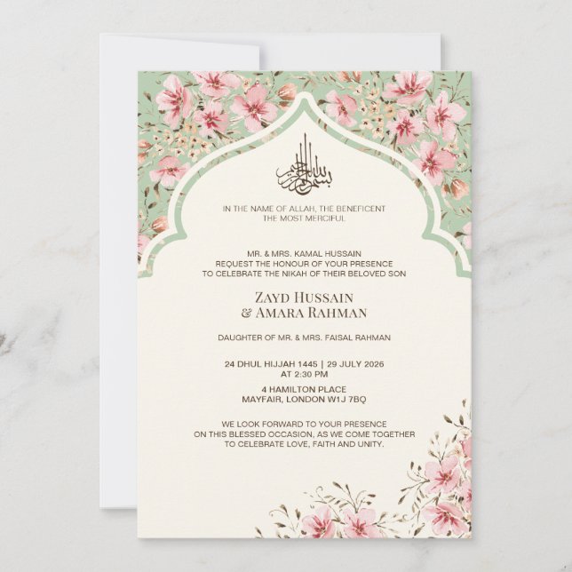Invitación a la boda islámica - Arte floral acuare (Anverso)