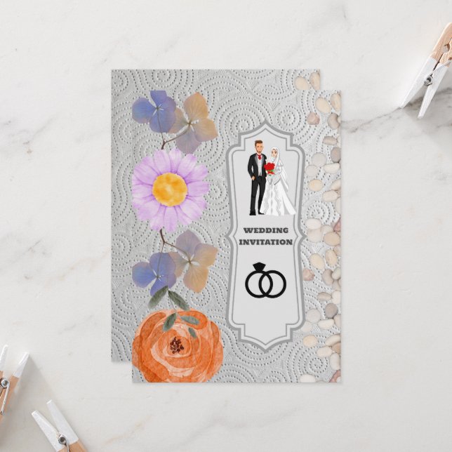 Invitación a la boda islámica con flores de textur (Anverso/Reverso In Situ)