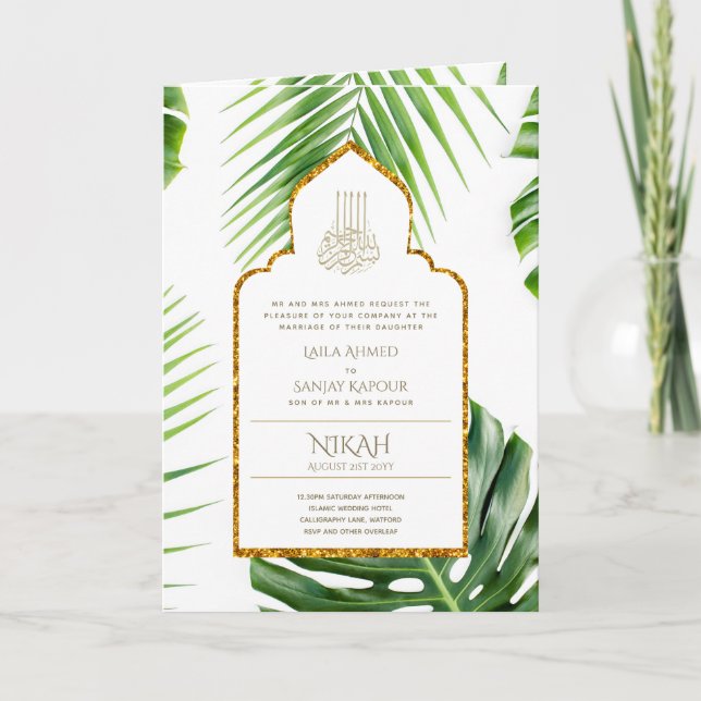 Invitación a la boda islámica de hoja tropical Lea (Anverso)