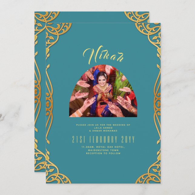 Invitación a la boda islámica de la FOTO Verde azu (Anverso / Reverso)