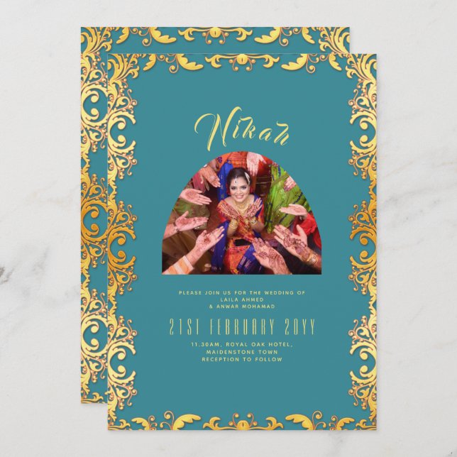 Invitación a la boda islámica de la FOTO Verde azu (Anverso / Reverso)