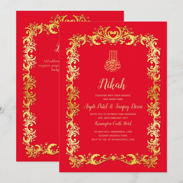 Invitación a la boda islámica del motivo de oro ro (Anverso / Reverso)