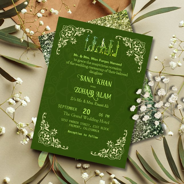 Invitación a la boda islámica del Ornato Verde Nik (Subido por el creador)