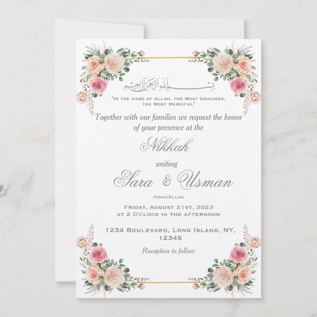 Invitación a la boda islámica floral (Anverso)