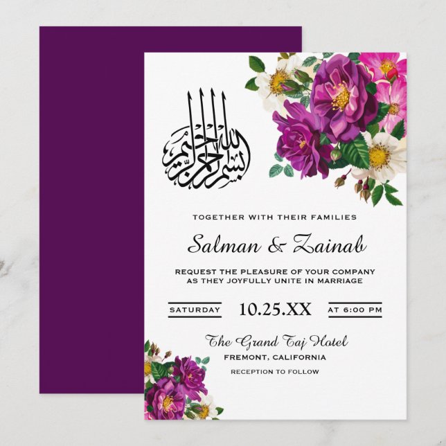 Invitación a la boda islámica floral púrpura moder (Anverso / Reverso)