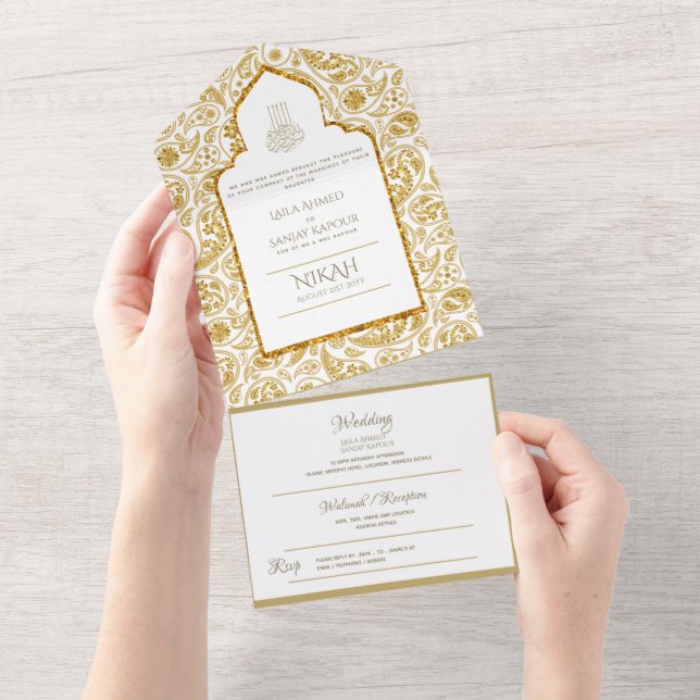 Invitación a la boda islámica LeahG Gold Paisley (desgarro)