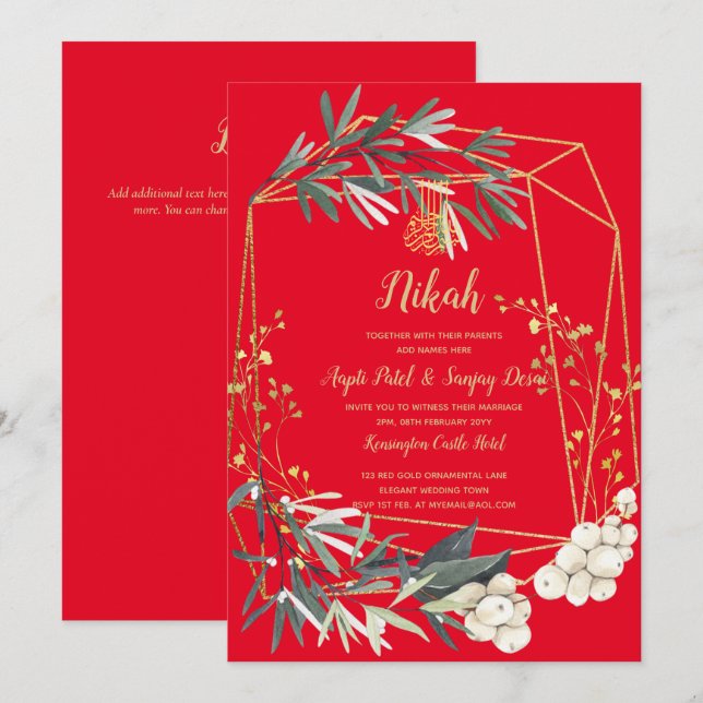 Invitación a la boda islámica Nikah Red Gold Green (Anverso / Reverso)