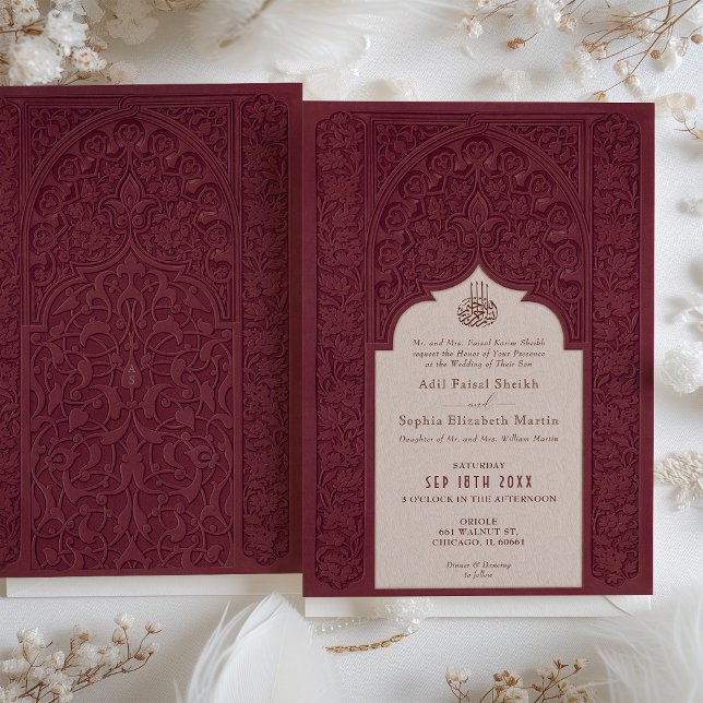 Invitación a la boda islámica Regal Burgundy Lace (Subido por el creador)