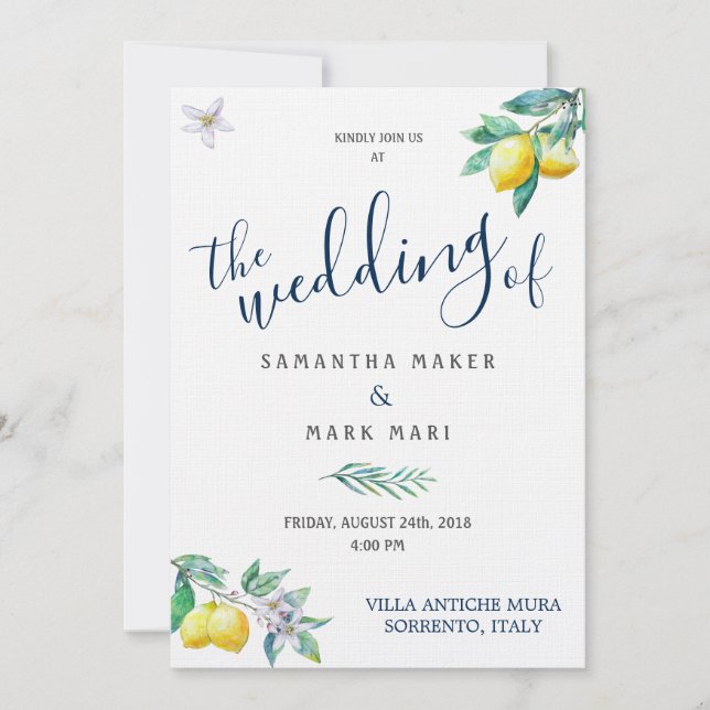 Invitación a la boda italiana, tema del limón y ol (Anverso)