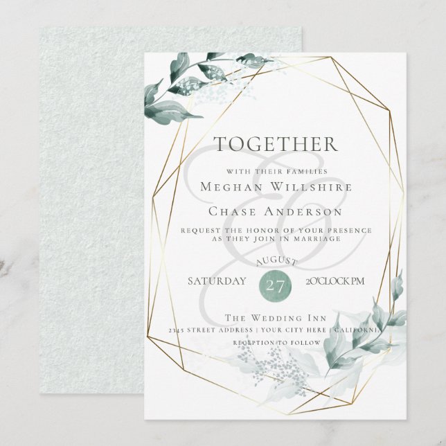 Invitación a la boda | Jade verde gris botánico (Anverso / Reverso)