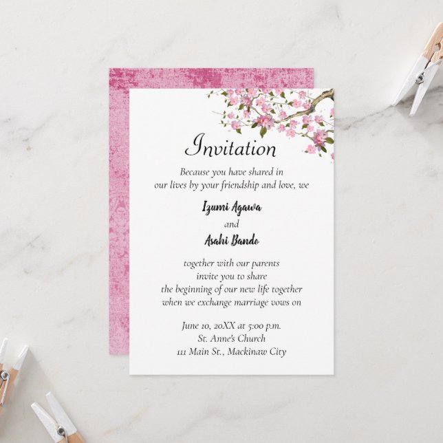 Invitación a la boda japonesa de la floración del  (Anverso/Reverso In Situ)