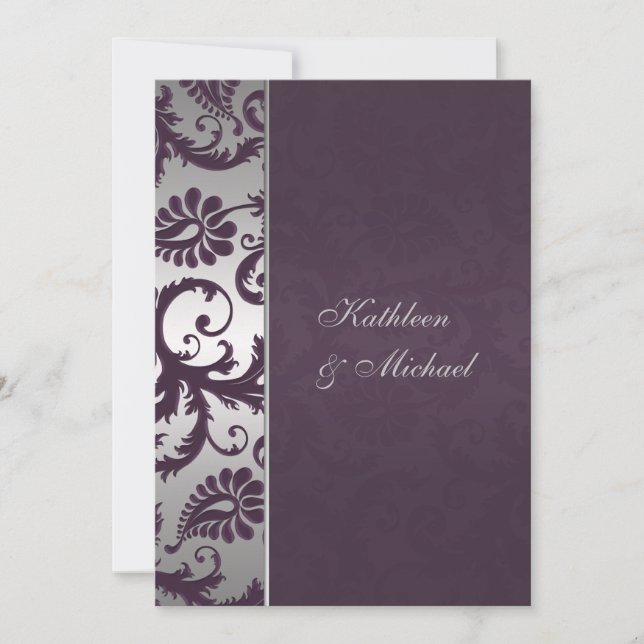 Invitación a la boda Lapis Purple y Silver Damask (Anverso)