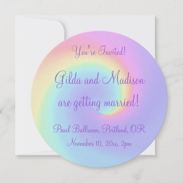 Invitación a la boda lésbica Pastel Rainbow Swirl (Anverso)