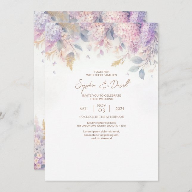 Invitación a la boda líaca acuarela (Anverso / Reverso)