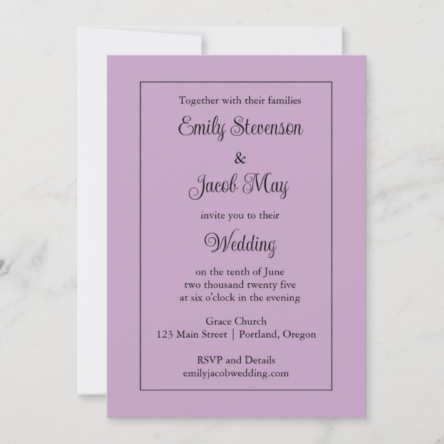 Invitación a la boda líaca minimalista (Anverso)