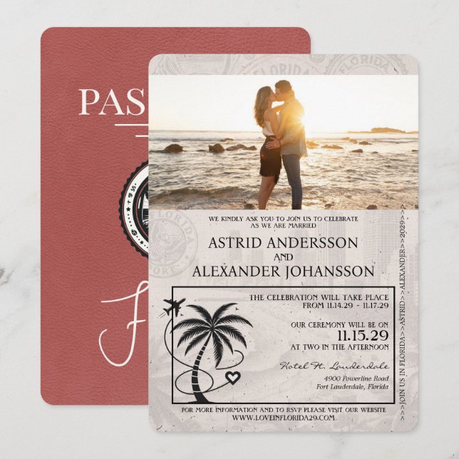 Invitación a la boda ligera de borgoña en Florida (Anverso / Reverso)