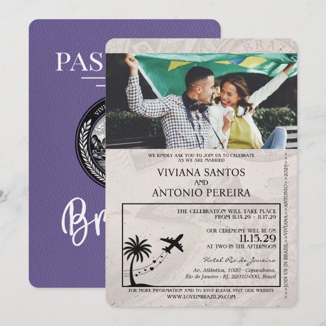 Invitación a la boda Lilac Purple Brazil Passport (Anverso / Reverso)